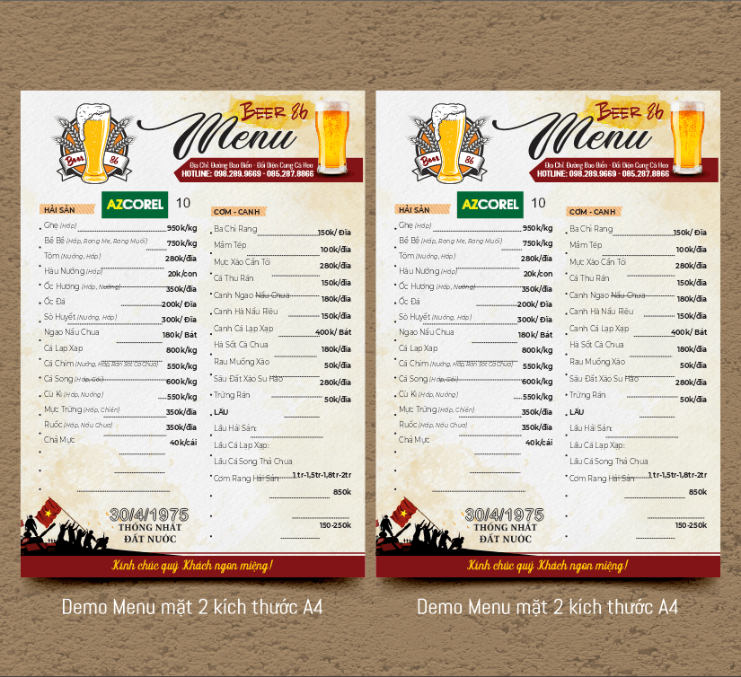 Mẫu thiết kế menu quán BEER 86 file CorelDRAW X7