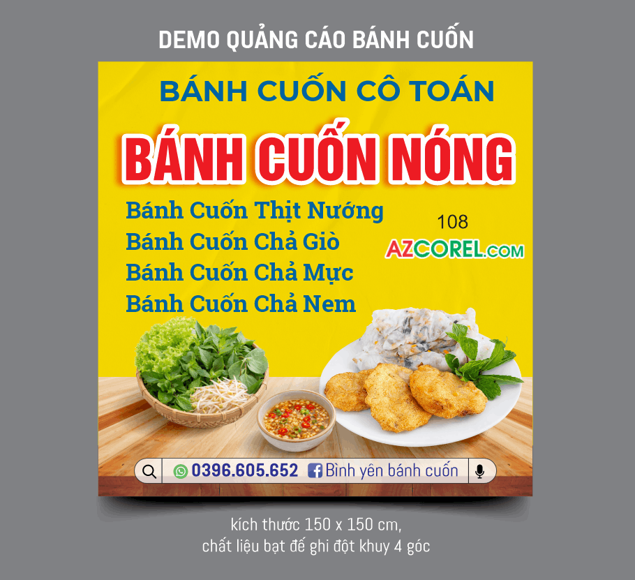 Biển quảng cáo Bánh Cuốn nóng cô Toán file corel x7