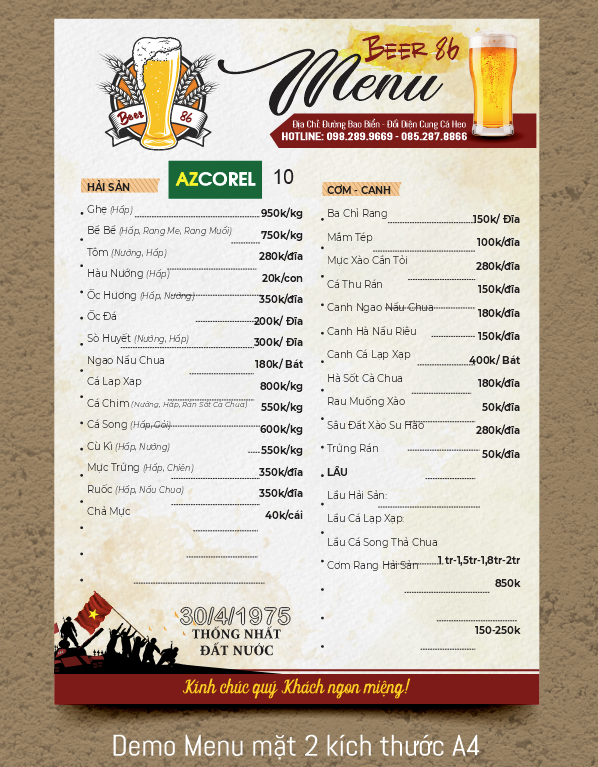 menu quán nhậu bia 86
