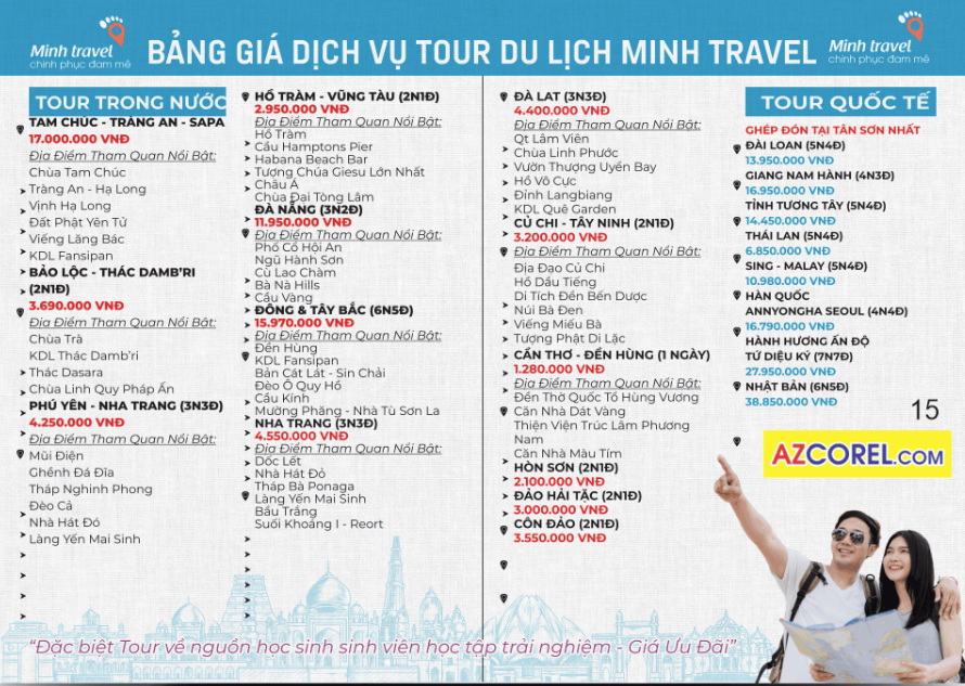 bảng giá dịch vụ tour du lịch