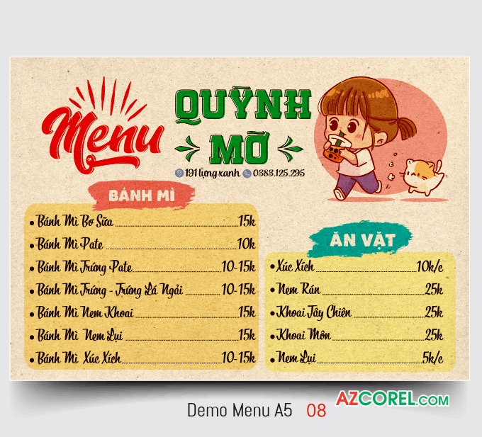 Mẫu thiết kế menu QUỲNH MỠ - bánh mì - ăn vặt