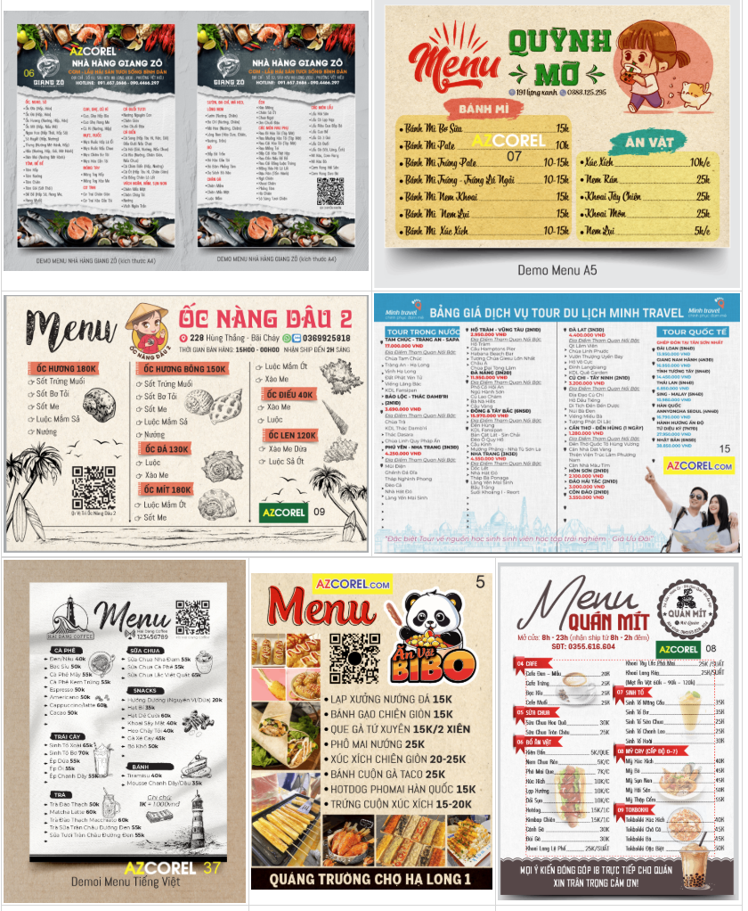 Tổng hợp mẫu thiết kế Menu - bảng giá file Corel x7