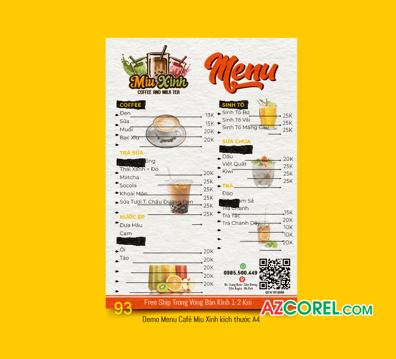Menu Coffee and Milk Tea Miu Xinh file CorelDRAW x7