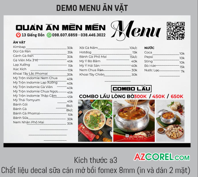 Mẫu demo menu ăn vặt quán ăn Mèn Mén