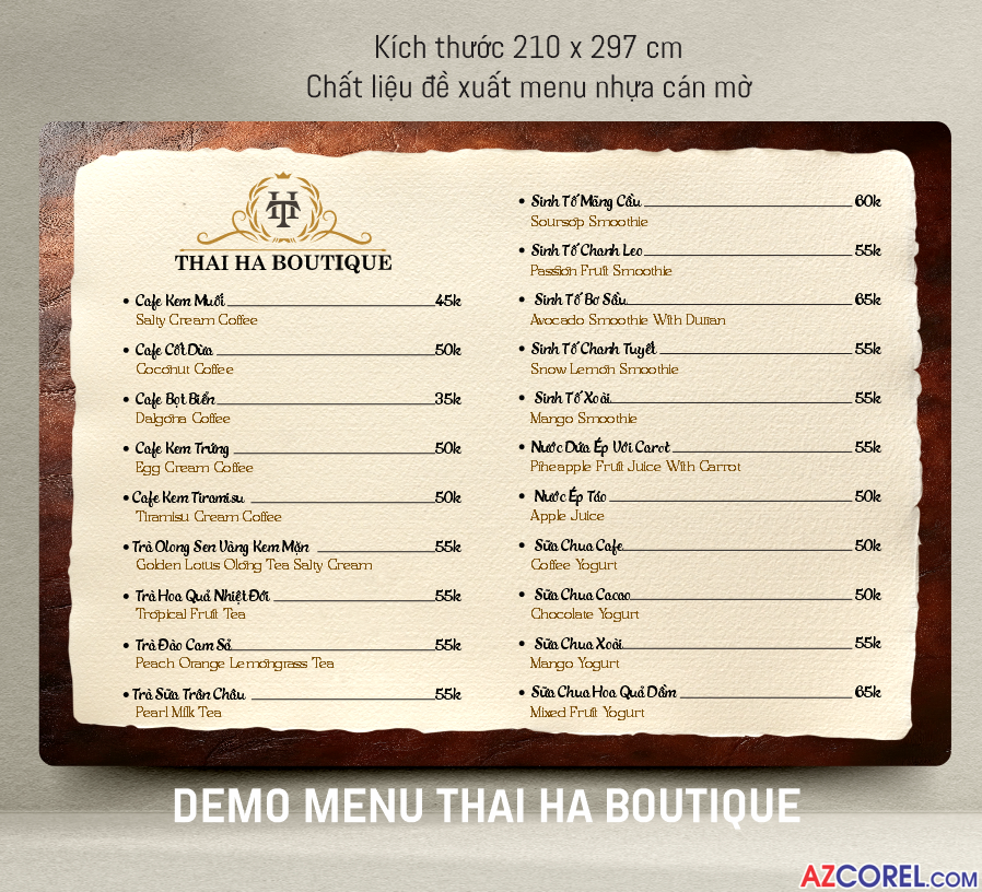 Mẫu thiết kế menu Thái Hà Boutique file corel x7