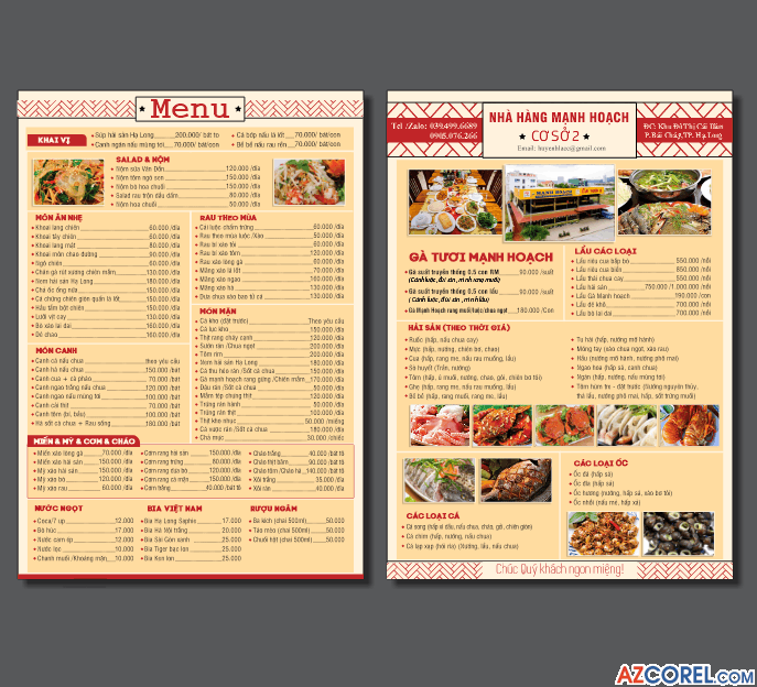 Mẫu thiết kế menu Nhà Hàng Mạnh Hoạch file corel
